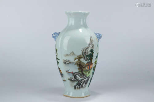 A Chinese Famille Rose Landscape Porcelain Vase