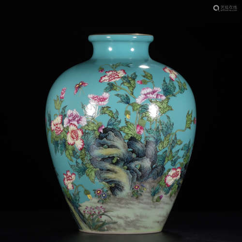 A Chinese Viridis Glaze Gild Inscribed Floral Porcelain Jar