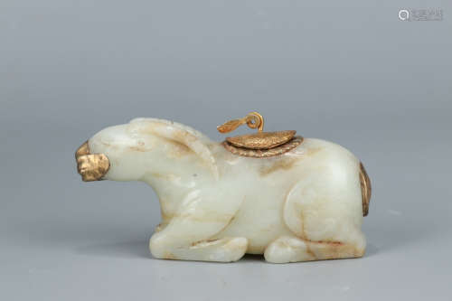 A Chinese Gold Coating Hetian Jade Sheep Ornament
