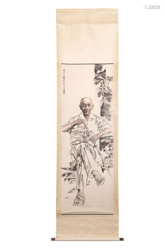 A Chinese Figure Painting Scroll, Jiang Zhaohe Mark