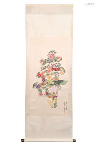 A Chinese Flower Painting Scroll, Mei Lanfang Mark