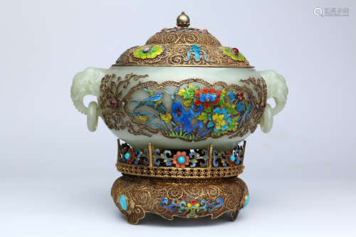 A Chinese Silver Gild Blueing Hetian Jade Incense Burner