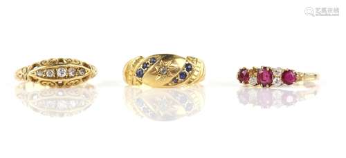 Three rings, one Edwardian set with five old cut diamonds, another similar set with sapphires and