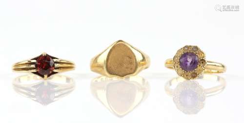 Late Victorian shield shaped signet ring, ring size M, red paste stone set ring, size R and amethyst