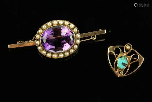 Two brooches, one set with amethyst and seed pearls, central oval cut amethyst estimated weight 33