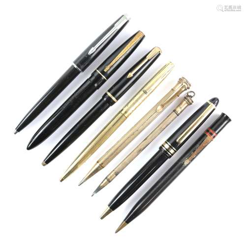 Three rolled gold mechanical pencils including Sheaffer, Conway Stewart 'Duro-Point' propelling