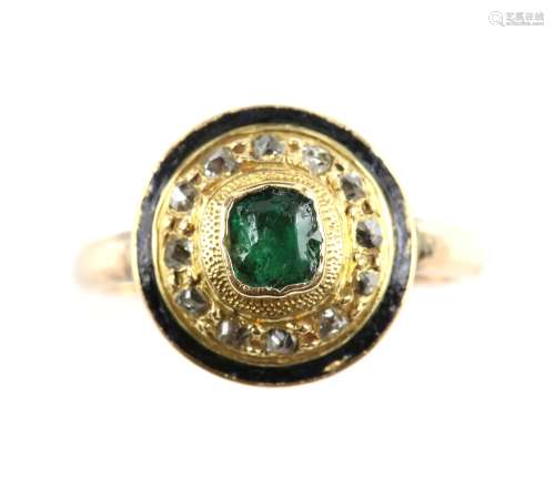 Emerald dress ring, central step cut emerald, set with in a border of rose cut diamonds and a band