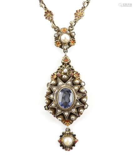 Renaissance revival silver-gilt necklace, centrally set with oval cut synthetic blue sapphire, 11.