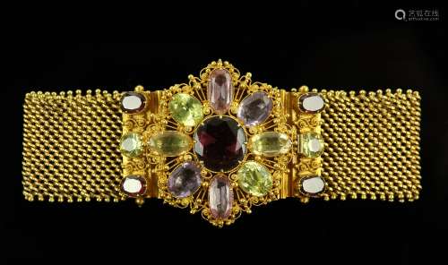 Early 19th C bracelet, set with foil backed gemstones, including oval cut garnets, amethysts,
