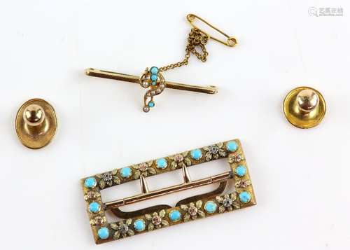 Edwardian three-colour gold and turquoise buckle testing as 14 ct, 4. x 2cm, two shirt studs, a