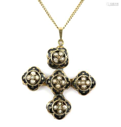 Antique cross pendant, seed pearl set in a quatrefoil motif pattern with black enamel frames,