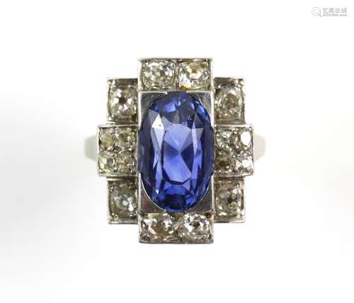 1930's sapphire and old cut diamond ring, central oval cut sapphire estimated weight 6.30 carats,