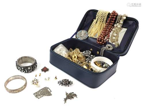 Christian Dior blue vanity case containing costume jewellery including bangle and brooch marked