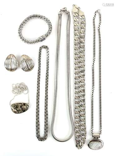 Large group of silver jewellery, including a flat curb link chain, turquoise and abalone set