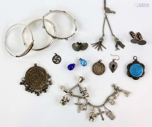 Mixed box of costume including silver bangle, charm bracelet, Victorian slider necklace, enamel