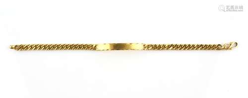 Gold ID bracelet, curved bar with brushed finish, flat curb links, 'S' clasp, stamped 22 ct, 21.