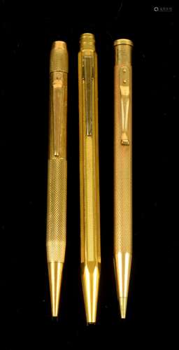 1940's gold propelling pencil, engraved 'Ruby to Tim 30 June,1947' hallmarked 9 ct, with a similar