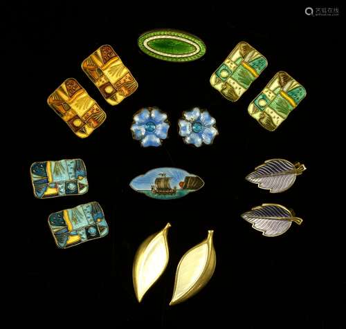 David Andersen; three pairs of 'Four Seasons' enamel and silver clip-on earrings; Spring, Summer,