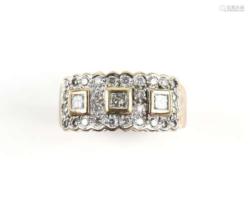 Three stone diamond set cluster ring, set with princess cut and round brilliant cut diamonds,