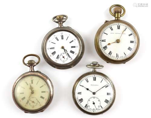 Four pocket watches, a Komet keyless wind pocket watch, enamel dial with Roman numerals,