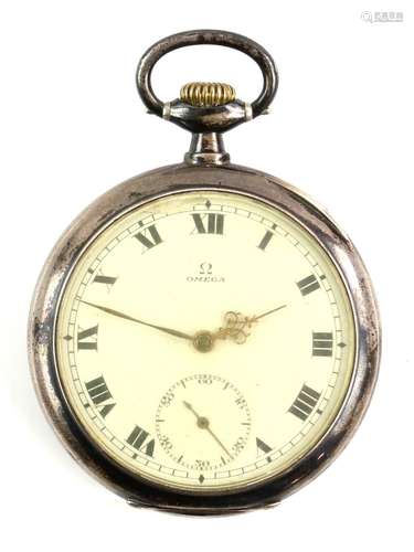 Omega pocket watch, enamel dial with Roman numerals, subsidiary dial and minute track, Omega