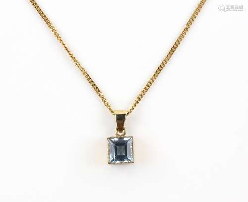 Modern aquamarine pendant and chain, square cut aquamarine, estimated weight 1.18 carats, bevel set,