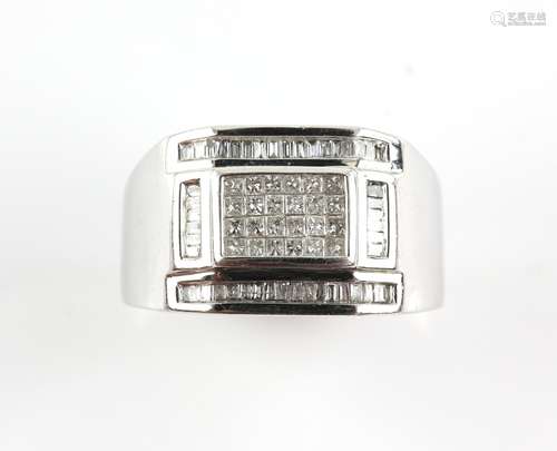 Contemporary diamond set dress ring, illusion set princess cut and channel set baguette cut