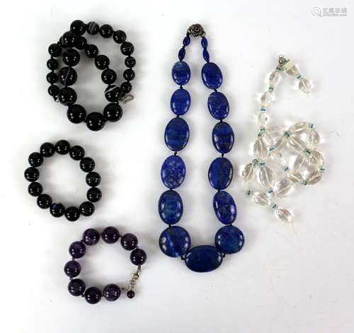 Selection of gemstone jewellery, including banded agate, strung with knots, 44cm in length, with