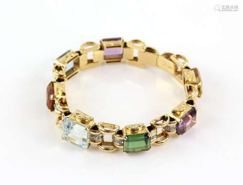 Vintage multi gem and diamond set bracelet, set with rectangular step cut aquamarine, tourmaline,