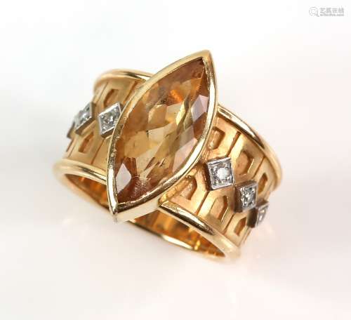 Modern marquise cut yellow topaz ring, estimated topaz weight 3.91 carats, round brilliant cut