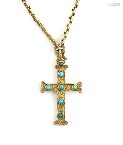 Early 19th C gold necklace, with turquoise set cross and ornately engraved heart slider, fancy chain