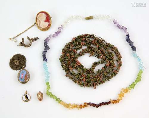 A quantity of costume jewellery, an acorn charm testing as 9 ct, seed pearl set horse shoe brooch,