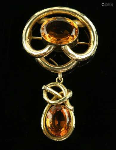 Victorian pendant brooch, set with large oval cut citrines, estimated weights 16.44 carats and 12.31
