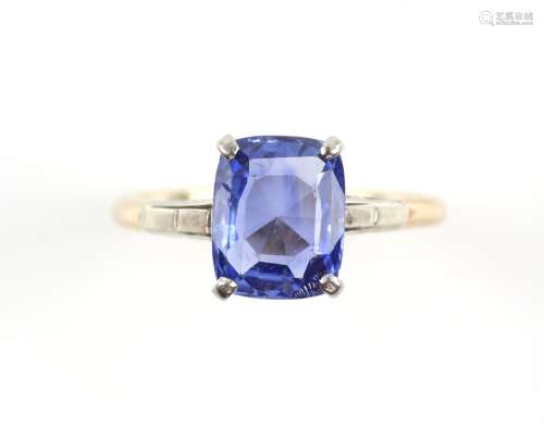Sapphire single stone ring, claw set rectangular cushion cut blue sapphire, estimated weight 2.40