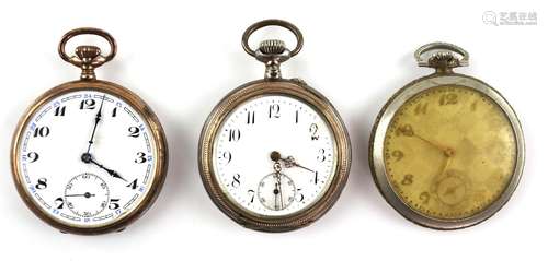 Three pocket watches including an open face German pocket watch, Arabic numerals, subsidiary dial