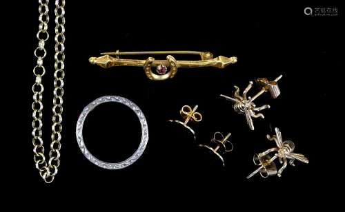 Mixed group of gold jewellery, including a ruby and paste set eternity ring, ring size M, belcher