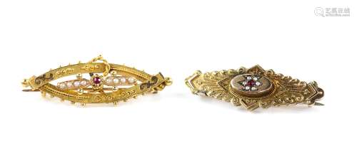 Three brooches, one late Victorian seed pearl and ruby set, mounted in 15 ct another circular