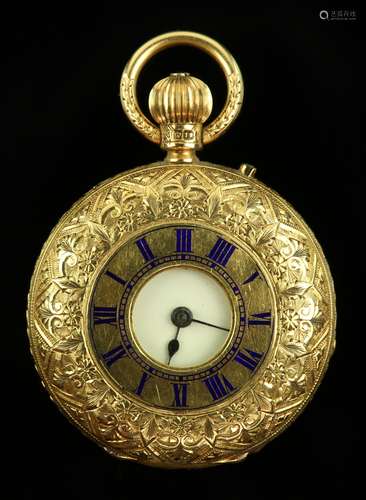 18 ct gold ladies half hunter pocket watch, hallmarked London 1901, blue Roman numerals to front