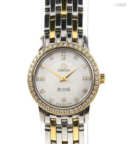 Omega ladies Deville Bi metal wristwatch, the signed white enamel dial set with diamond hour