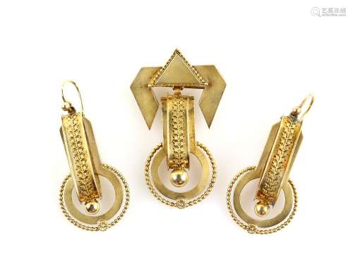 Victorian gold Etruscan style pendant, brooch and earrings suite, with floral and wirework