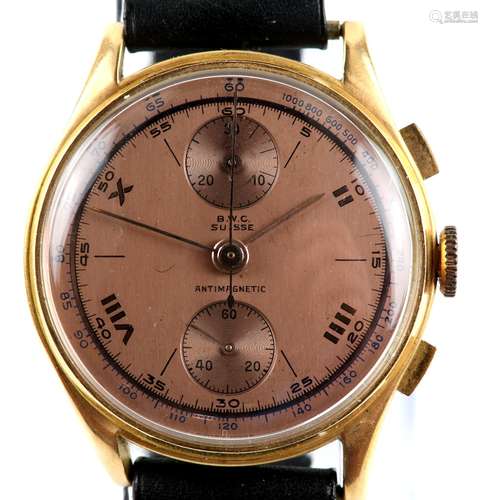 BWC gentleman’s chronograph wristwatch in a gold plated/nickel case, the copper dial signed BWC