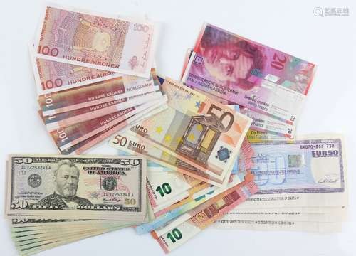 A group of modern bank notes and others, many still valid, to include US $370, €350, €200 in AMEX