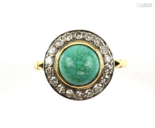 Turquoise and diamond dress ring, central round cut cabochon turquoise 8.8mm in diameter, set within