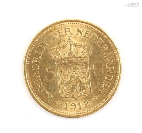 Dutch gold 5 Gulden coin, 1912, 3.4 gr..