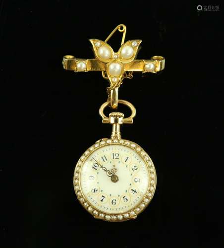 LeCoultre & Co ladies fob watch, white enamel dial with Arabic numerals minute track and gilt