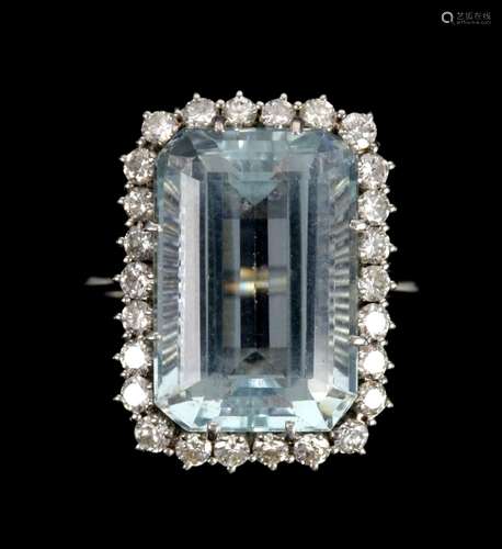 Aquamarine and diamond cocktail ring, rectangular step cut aquamarine, estimated weight 12.44