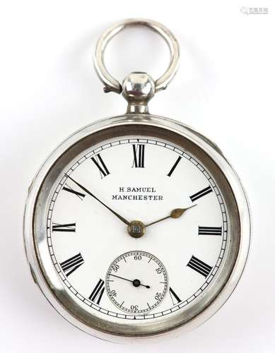 Late Victorian Open face pocket watch, enamel dial signed H Samuel, Roman numeral hour markers,