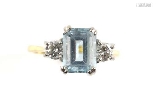 Aquamarine and diamond three stone ring, central aquamarine step cut, estimated weight 2.47