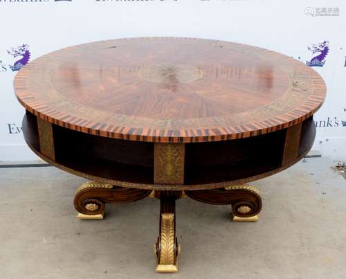 19th century style French circular table with rosewood and coromandel veneer and brass scrolling