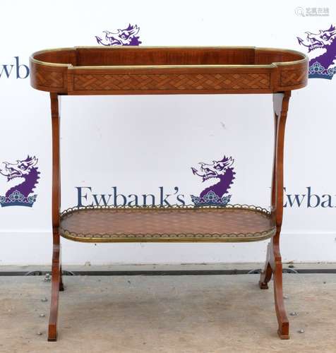 Early 20th century French mahogany and rosewood parquetry inlaid two tier brass mounted vide-poche